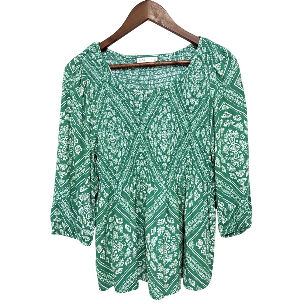 Croft & Barrow Green Boho Smocked Peasant Top Women’s Medium Rayon 3/4 Sleeve